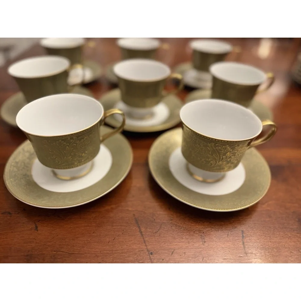 Set of 8 Sango Versailles 3632 Teacups and Saucers Vintage‎ Green Gold Japan